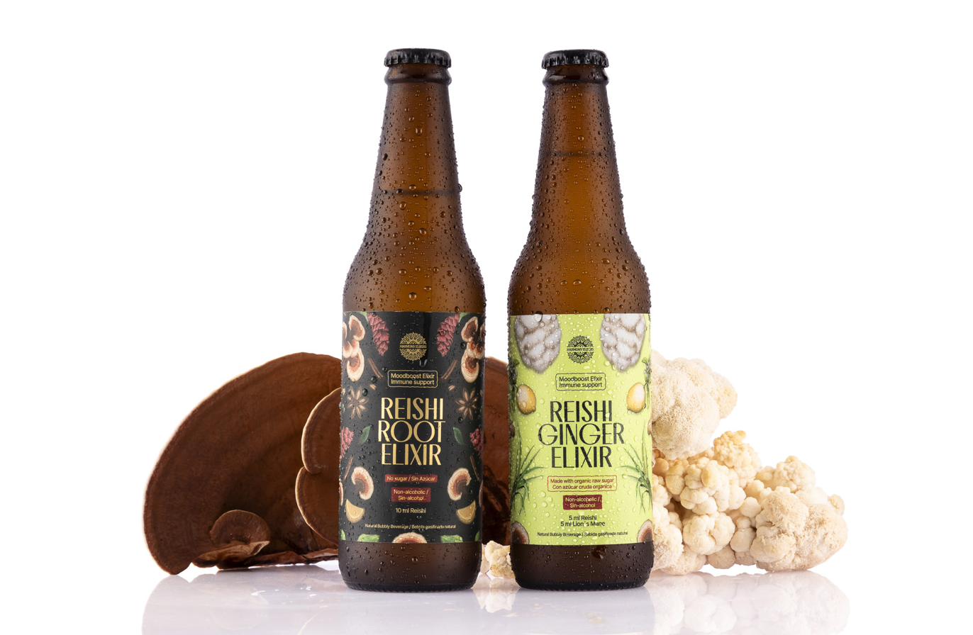Reishi Root Elixir y Reishi Ginger Elixir junto a sus ingredientes principales — reishi y melena de león.
