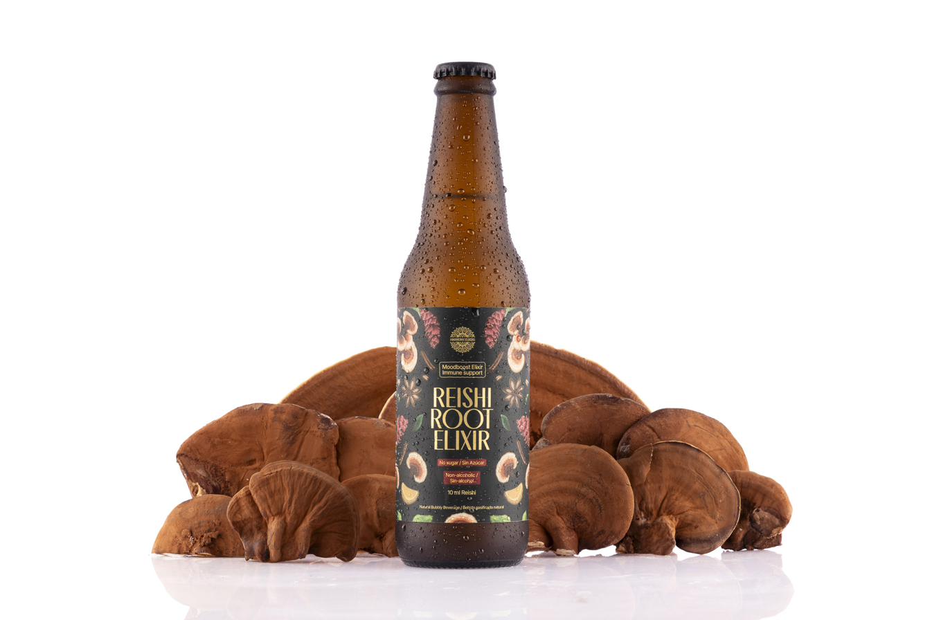 Reishi Root Elixir junto a reishi seco.